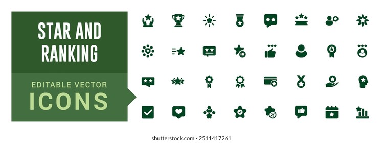 Conjunto Simples de Ícones Sólidos Relacionados à Classificação. Ícone de estrela definido. Conjunto de ícones de classificação. Contém ícones como Classificação de estrelas, Lugar. Traço editável.
