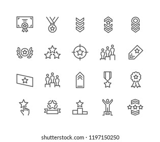 Simple Set of Ranking Related Vector Line Icons. Contains such Icons as Star Rating, First Place, Shoulder Strap and more. Editable Stroke. 48x48 Pixel Perfect.