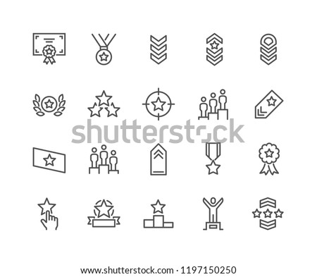 Simple Set of Ranking Related Vector Line Icons. Contains such Icons as Star Rating, First Place, Shoulder Strap and more. Editable Stroke. 48x48 Pixel Perfect.