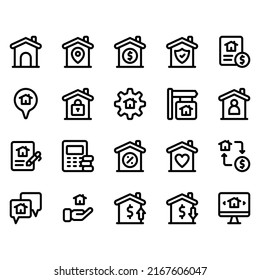 conjunto simple de icono inmobiliario con estilo de línea. Contiene un icono como el hogar, la casa, la inversión y más. Icono perfecto de píxeles. cuadrícula de 32 px. Trazo editable