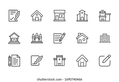 Sencillo conjunto de modernos iconos de la línea delgada inmobiliaria. Diseño moderno. Paquete de iconos de trazo. Ilustración vectorial aislada en un fondo blanco. Símbolos de calidad superior.