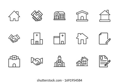 Simple set of real estate modern thin line icons. Trendy design. Pack of stroke icons. Vector illustration isolated on a white background. Premium quality symbols.