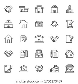 Simple set of real estate modern thin line icons. Trendy design. Pack of stroke icons. Vector illustration isolated on a white background. Premium quality symbols.