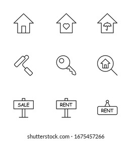 Simple set of real estate related line, thin line, outline icons. Contains: house, home sweet home, insurance. Editable EPS Vector