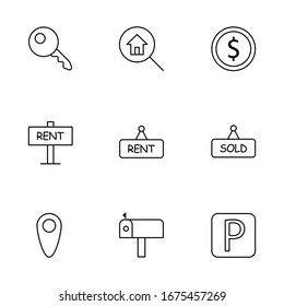 Simple set of real estate related line, thin line, outline icons. Contains: key, house search, price. Editable EPS Vector