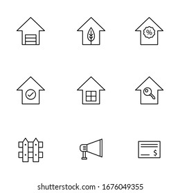 Simple set of real estate related line, thin line, outline icons. Contains: garage, security, fence, card payment. Editable EPS Vector