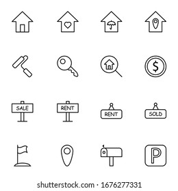 Simple set of real estate related line, thin line, outline icons. Contains: house, repair, home, parking, sell, rent icons. Editable EPS Vector