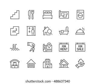 Simple Set of Real Estate Related Vector Line Icons. 
Contains such Icons as Map, Plan, Bedrooms, Area, Bell and more.
Editable Stroke. 48x48 Pixel Perfect. - Shutterstock ID 488637340