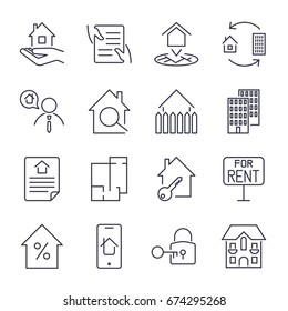 Simple Set of Real Estate Related Vector Line Icons. Contains such Icons as Map, Plan, , Area, Realtor, Contract and more. Editable Stroke.