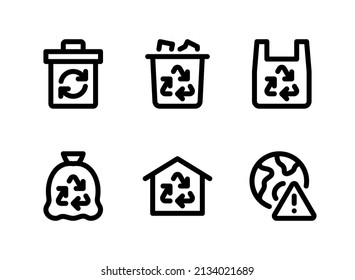 Einfache Set von Vektorliniensymbolen zum Recycling. Enthält Symbole wie Papierkorb, Mülleimer, Kunststoffbeutel und mehr.