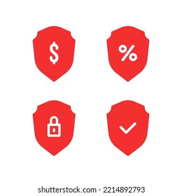 simple set of red shields like protected service. concept of success security or cybersecurity and anti virus badge like strong defense. four minimal design emblem in flat style graphic design