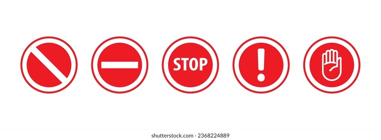 Simple set of Red and White Round Circle Octagonal and Triangular Warning or Attention Caution Sign with Exclamation Mark Flat Icon. Vector illustration.