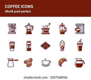 Simple set of related flat colorful outline icons on white background for web design. Contains such pictograms as cezve, geyser coffee maker, chocolate and more. 48x48 pixel perfect.  Editable stroke.