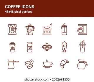 Einfache Zusammenstellung verwandter Rahmensymbole auf weißem Hintergrund für Webdesign. Enthält Piktogramme wie Cesve, Geyser Kaffeemaschine, Schokolade und mehr. 48x48 Pixel perfekt.  Bearbeitbarer Strich.