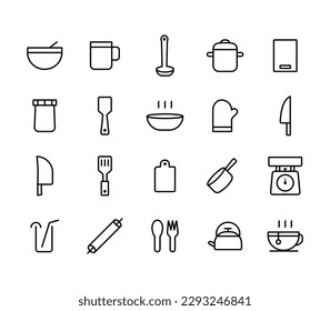 Simple set of related homewares place line icons. Contains such icons as a bowl, knife, cup, and more
