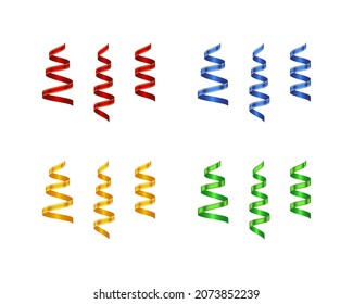 Simple set of related isolated festive streamer on white background. Spiral shiny colored ribbons.  Red, blue, yellow, green serpentine. Design elements for Christmas and New Year projects.
