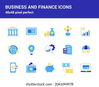 Conjunto simple de emblemas planos aislados relacionados sobre fondo blanco para el diseño web. Contiene iconos como guardar depósitos, banca móvil, seguros y más. 48x48 píxel perfecto.  Trazo editable.