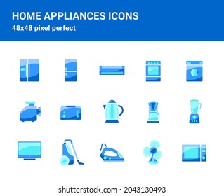 Simple set of related isolated flat emblems on white background for web design. Contains such icons as refrigerator, washer, air conditioning, blender and more. 48x48 pixel perfect.  Editable stroke.