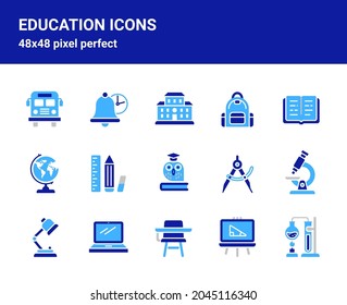 Einfache Set von verwandten, isolierten flachen Emblemen auf weißem Hintergrund für Webdesign. Enthält Symbole wie Schulbus, Mikroskop, Schulboard, Laptop und mehr. 48x48 Pixel perfekt.  Bearbeitbarer Strich.
