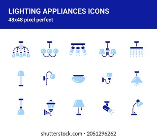 Einfache Set von verwandten, isolierten flachen Emblemen auf weißem Hintergrund für Webdesign. Enthält Symbole wie Kristallleuchter, Stehlampe, Spotlight und mehr. 48x48 Pixel perfekt.  Bearbeitbarer Strich.