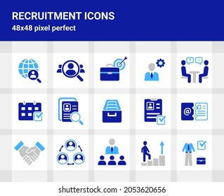 Simple set of related isolated flat emblems on white background for web design. Contains such icons as leadership, resume, team building, hiring and more. 48x48 pixel perfect.  Editable stroke.