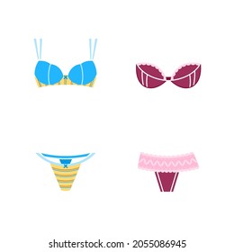 Simple set of related isolated flat symbols of lingerie on white. Contains such icons as strings, bra, push up.  Idea for poster, sticker, magazine, web design and so on.