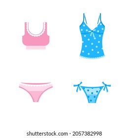 Conjunto simple de símbolos planos aislados relacionados de lencería sobre blanco. Contiene iconos como cadenas, sujetador, empujar hacia arriba.  Idea para afiches, pegatinas, revistas, diseño web, etc.