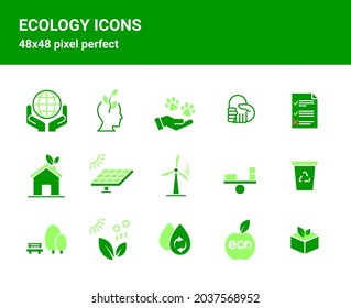 Simple set of related outline icons on white background for web design. Contains such icons as solar battery, animal care, eco-packaging and more. 48x48 pixel perfect.  Editable stroke.