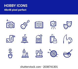 Simple set of related outline icons on white background for web design. Contains such icons as painting, history, fishing, floriculture and more. 48x48 pixel perfect.  Editable blue stroke.