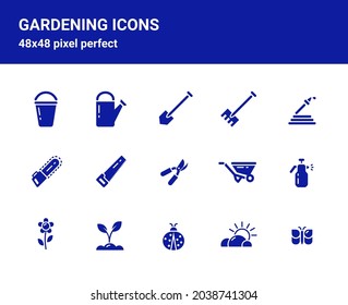 Simple set of related outline icons on white background for web design. Contains such icons as   pulverizer, secateurs, electric saw, watering hose etc. 48x48 pixel perfect.  Editable blue stroke.