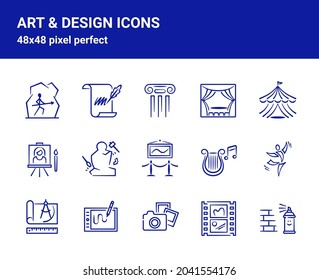 Simple set of related outline icons on white background for web design. Contains such icons as architecture, painting, graffiti, sculpture, museum and more. 48x48 pixel perfect. Editable blue stroke.