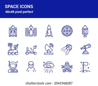 Simple set of related outline icons on white background for web design. Contains such icons as rocket, space station, satellite, telescope and more. 48x48 pixel perfect. Editable blue stroke.