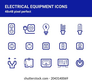 Simple set of related outline icons on white background for web design. Contains such icons as electric socket, energy-saving lamps, switch, tester and more. 48x48 pixel perfect. Editable blue stroke.