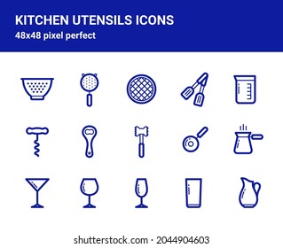 Simple set of related outline icons on white background for web design. Contains such icons as colander, sieve, tongs, beaker, corkscrew, cezve, jug and more. 48x48 pixel perfect. Editable blue stroke