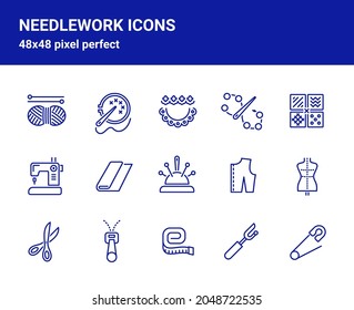 Simple set of related outline icons on white background for web design. Contains such icons as sewing, embroidery, beading, patchwork, knitting, scissors and more. 48x48 pixel perfect. 