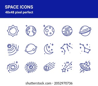 Simple set of related outline icons on white background for web design. Contains such icons as earth, moon, solar system, meteor, black hole and more. 48x48 pixel perfect. Editable blue stroke.