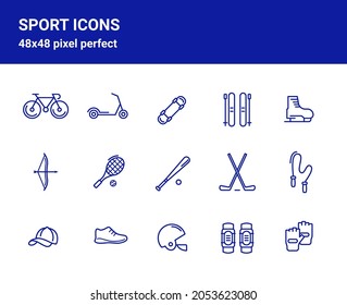 Simple set of related outline icons on white background for web design. Contains such icons as bike, skates, tennis racquet and more. 48x48 pixel perfect.  Editable stroke.