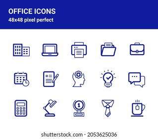 Simple set of related outline icons on white background for web design. Contains such icons as laptop, printer, portfolio, contract, brainstorm and more. 48x48 pixel perfect. Editable blue stroke.