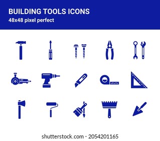 Einfache Zusammenstellung verwandter Kontursymbole auf weißem Hintergrund für Webdesign. Enthält Symbole wie Schreibmesser, Schlagschlüssel, Schraubenzieher, Hammer und mehr. 48x48 Pixel perfekt.  Bearbeitbarer Strich.