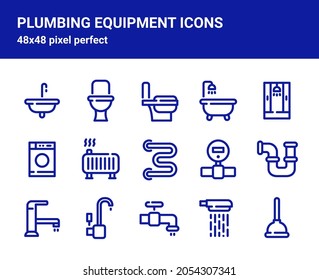 Simple set of related outline icons on white background for web design. Contains such icons as washbasin, shower cabin, kitchen sink siphon, radiator and more. 48x48 pixel perfect.  Editable stroke.