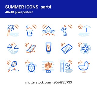 Simple set of related outline three-tone icons on white background for web design. Contains such icons as sand castle, hammock, gull, turtle, waterslides, coral, kite and more. 48x48 pixel perfect. 