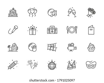 Simple Set of Related Vector Line Icons. Contains such Icons as Bouquet of Flowers, Karaoke, Dj, Masquerade and more. 