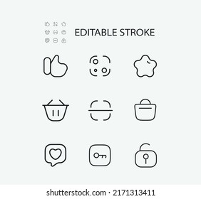 Simple Set of Related Vector Line Icons. Contains such Icons as Star, Like, Shopping basket and Security and more. Editable Stroke. 72x72 Pixel Perfect.