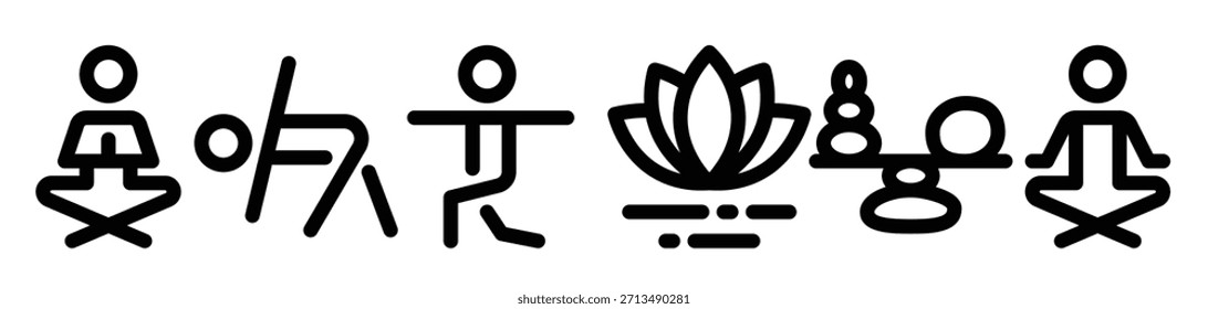 Simple Set of Relaxation Related Vector Line Icons. Contains Icons as Meditation, Yoga, Lotus Flower and more.