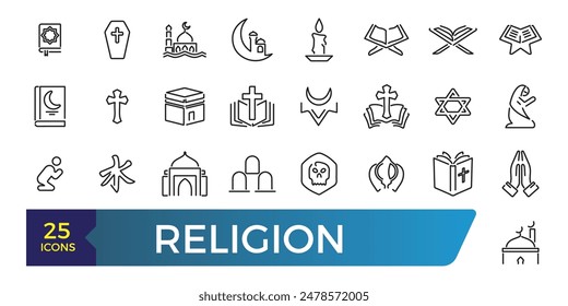 Simple Set of Religion Line Icons. Contains such Icons as Prayer Room, Temples, Divine Book and more. Collection and pack of linear web and ui icons. Editable stroke. Vector illustration