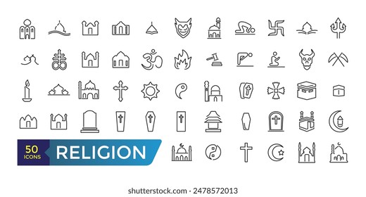 Simple Set of Religion Line Icons. Contains such Icons as Prayer Room, Temples, Divine Book and more. Collection and pack of linear web and ui icons. Editable stroke. Vector illustration