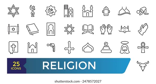 Simple Set of Religion Line Icons. Contains such Icons as Prayer Room, Temples, Divine Book and more. Collection and pack of linear web and ui icons. Editable stroke. Vector illustration