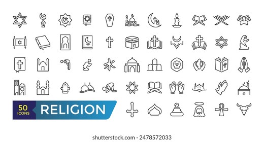 Conjunto simple de iconos de línea de Religión. Contiene tales iconos como sala de oración, templos, libro divino y más. Colección y paquete de iconos de Web lineal y ui. Trazo editable. Ilustración vectorial