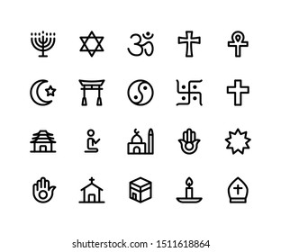 Simple Set of Religion Related Vector Line Icons. Contains such Icons as menorah, hinduism, ankh, muslim and More. pixel perfect vector icons based on 32px grid. Editable Strokes