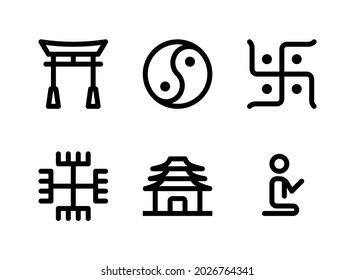 Einfache Set von religiösen Vektorliniensymbolen. Enthält Symbole wie Shintoismus, Yin Yang, Heidentum, Tempel und mehr.